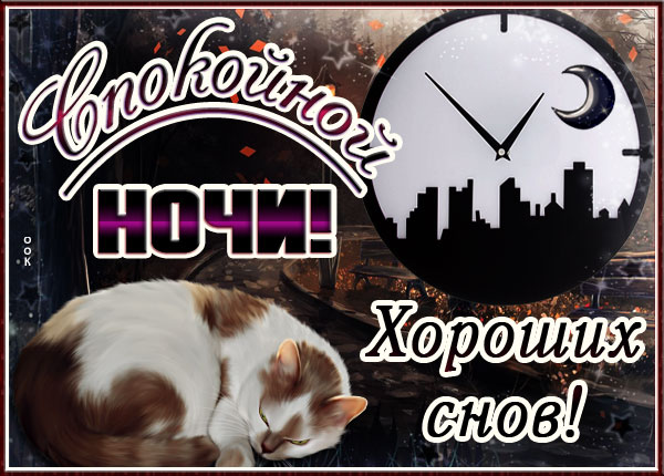 Открытка потрясающая картинка спокойной ночи с часами и котиком