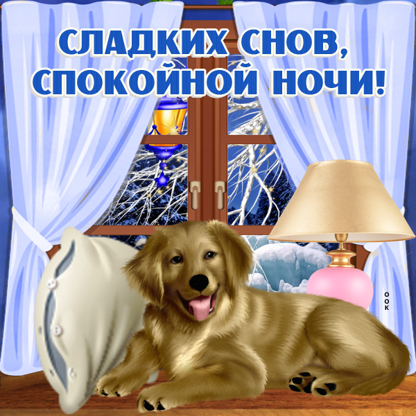 Открытка зимняя картинка спокойной ночи с собакой