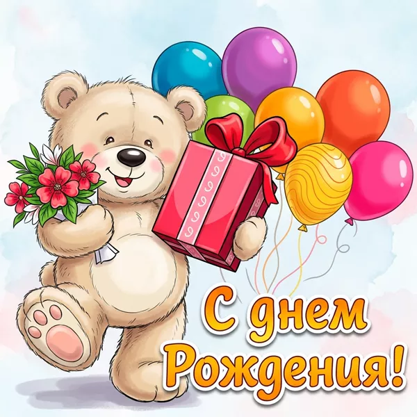 Открытка картинка с днем рождения с мишкой и шариками