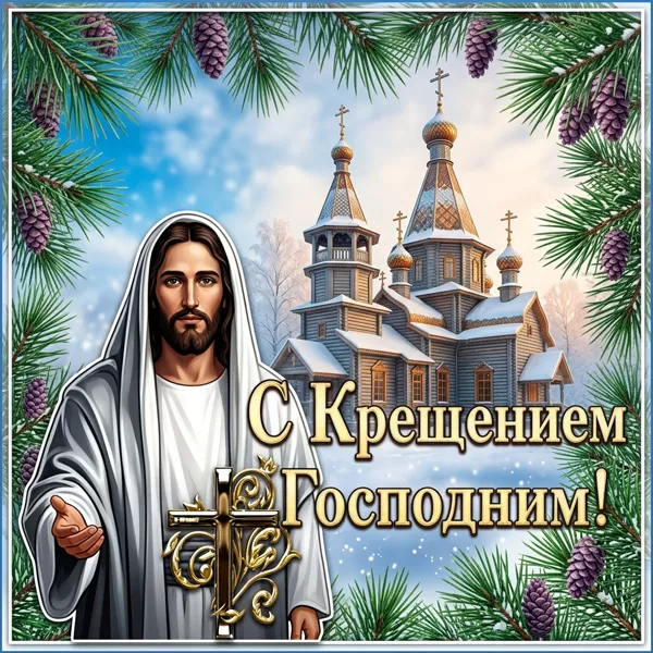 Открытка картинка с крещением господним и церковь